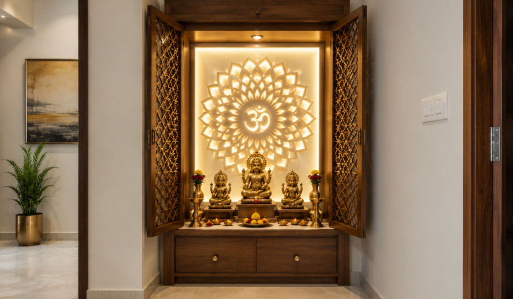 Small Pooja Room With Backlit Panel