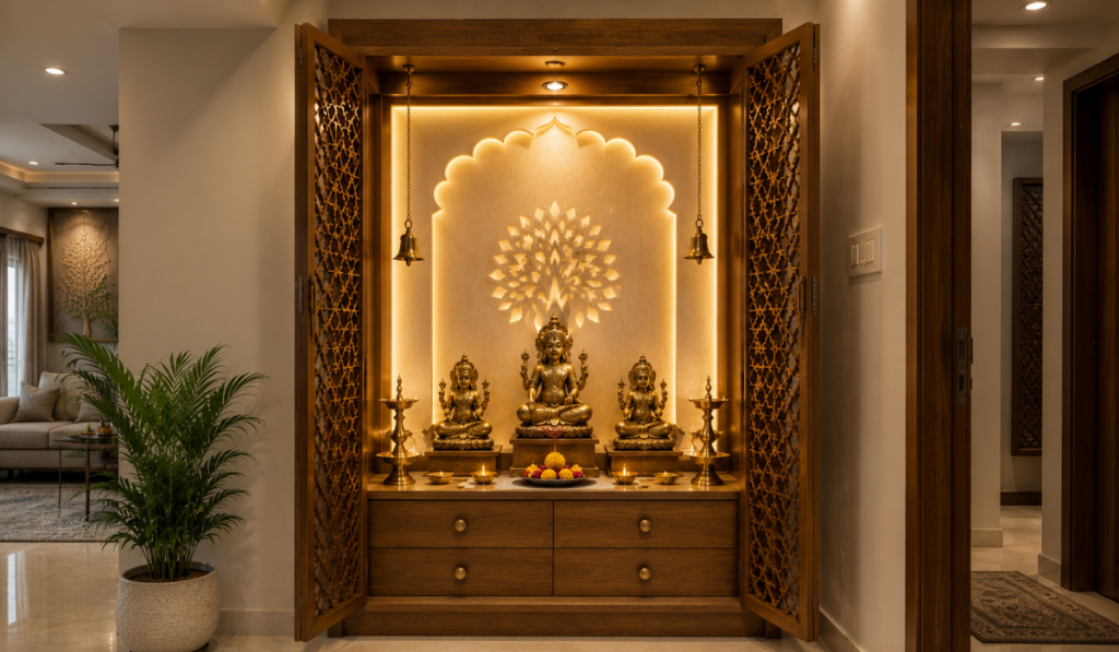 Contemporary Wooden Pooja Unit With Backlighting