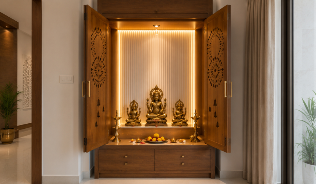 Modern Style Pooja Unit With Wooden Finish