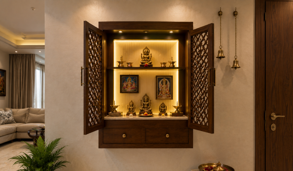 Wall-Mounted Wooden Pooja Mandir With Drawers