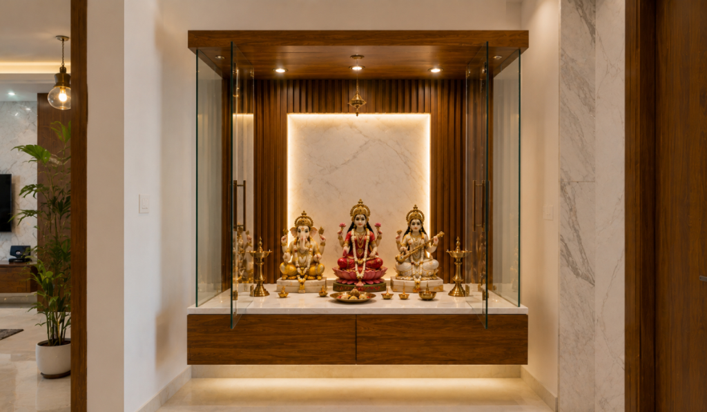 Glass Pooja Mandir With Wooden Touch